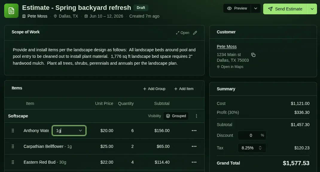 Estimate editor — the business view with line items and totals
