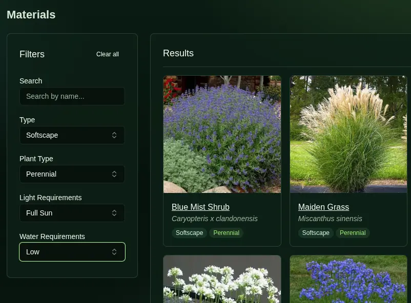 Curated materials database with filters and plant results