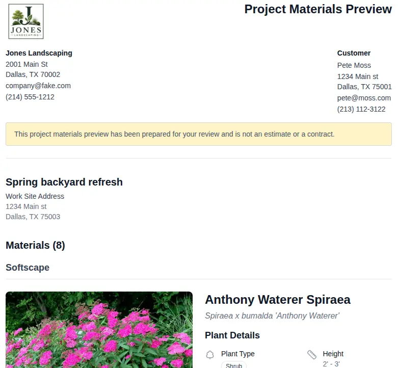 Project materials preview showing plant details