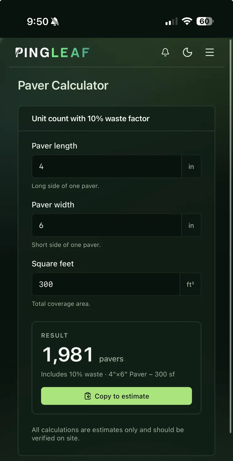 PingLeaf paver calculator on mobile